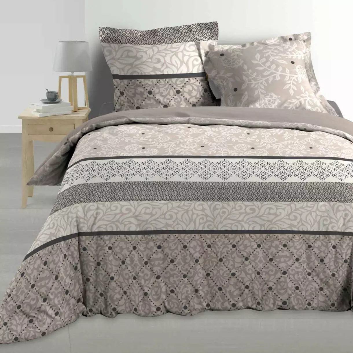 Funda nórdica y dos fundas de almohadones de percal de algodón (240 cm) Clarissa Beige 1