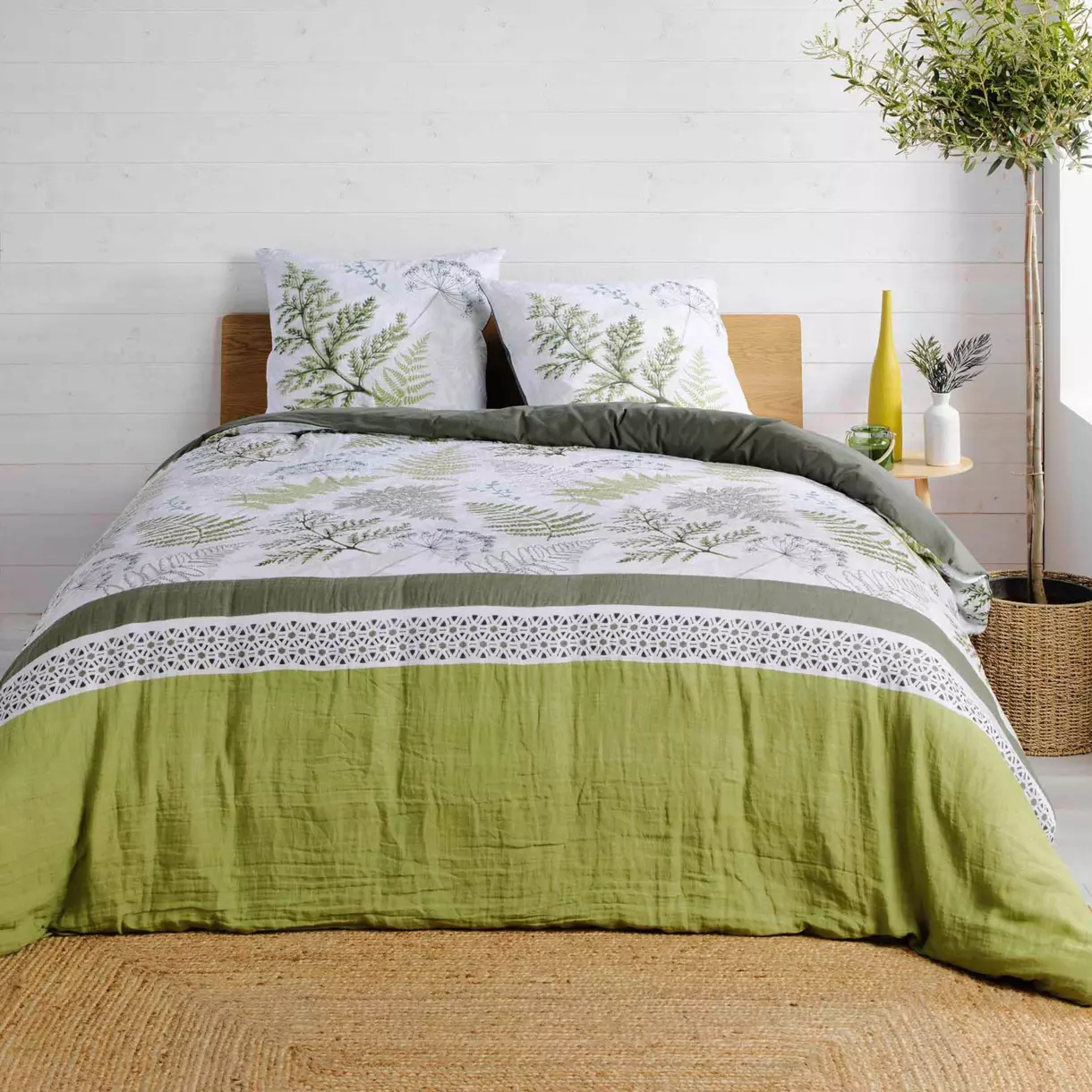Housse de couette et deux taies gaze de coton (260 cm) Verveine Verte 1