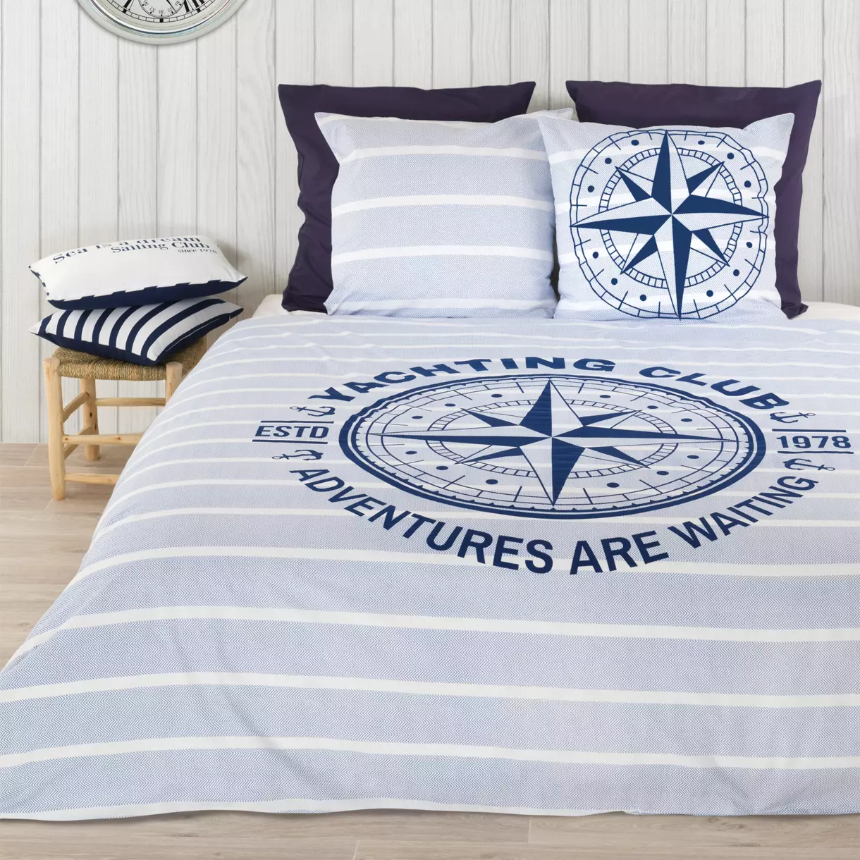 Housse de couette et deux taies coton bio (260 cm) Ocean Bleue 1
