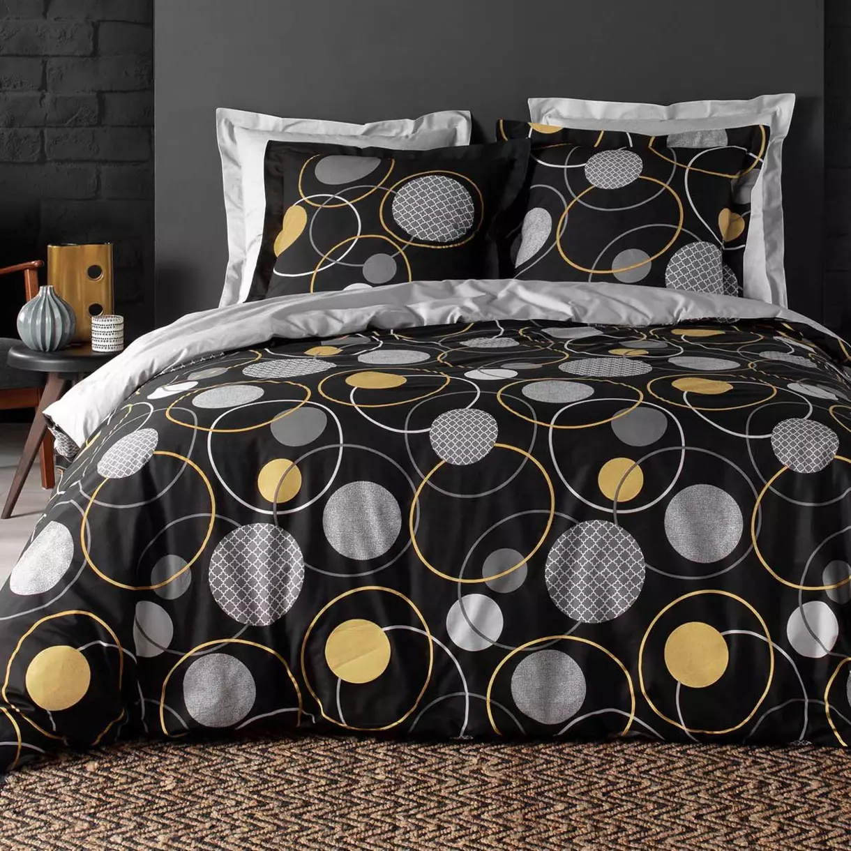 Housse de couette et deux taies coton (260 cm) Milor Noire 1