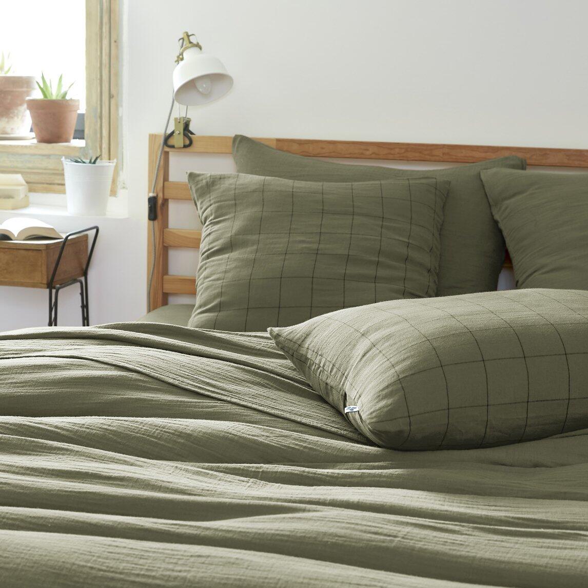 Funda de almohada cuadrada en en gasa de algodón (60 cm) Gaïa Match Verde  romero 1