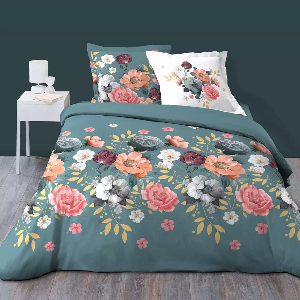 Housse de couette et deux taies coton (260 cm) Rosalita Bleue 1