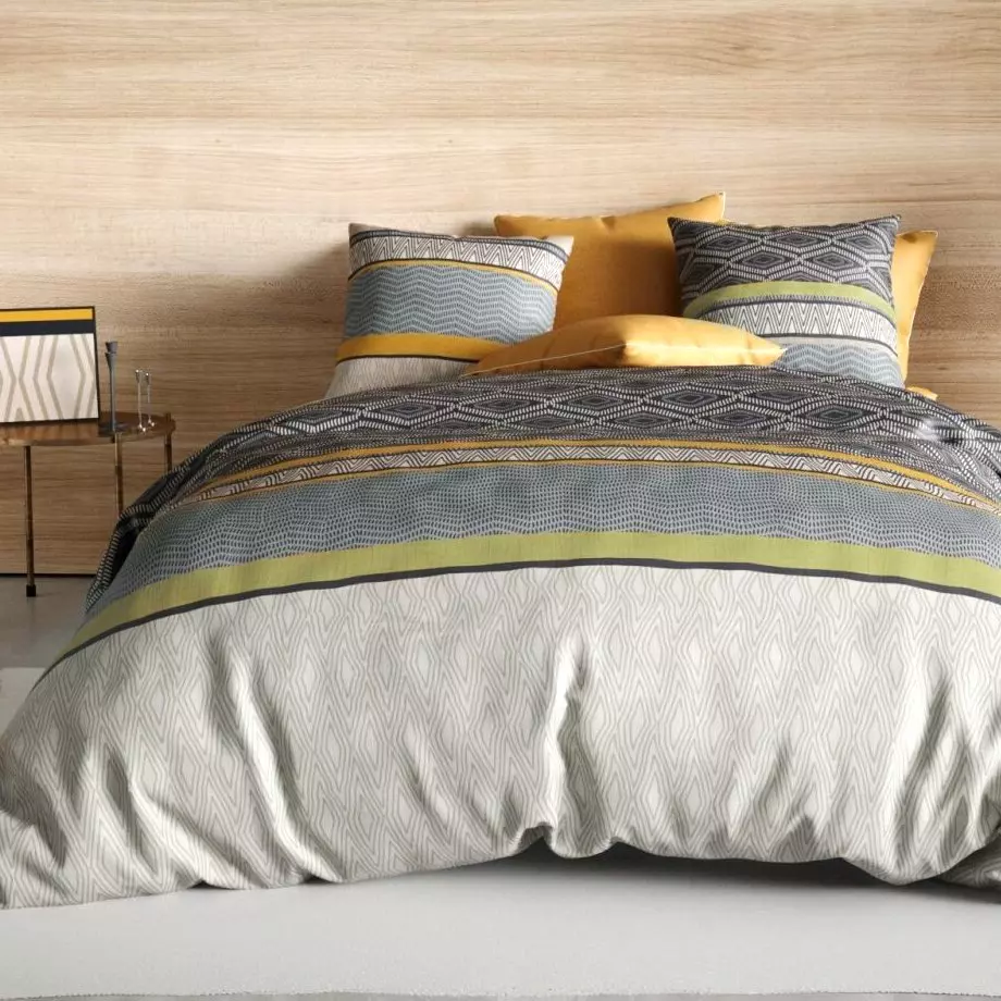 Housse de couette et deux taies coton (260 cm) Delmas Grise 1