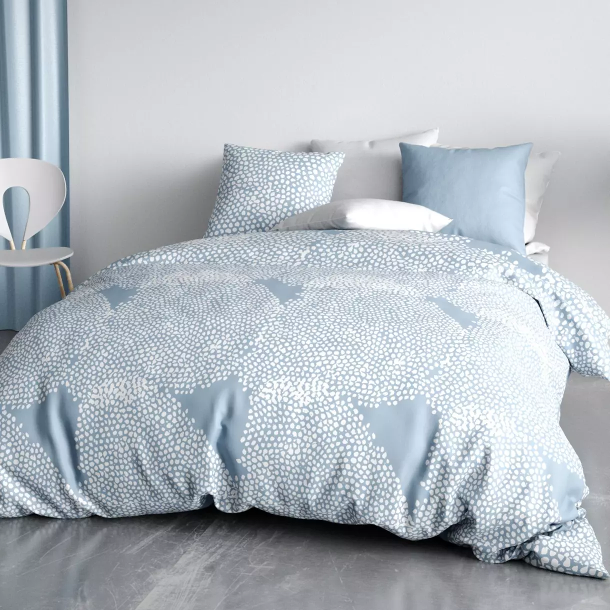 Housse de couette et deux taies coton (240 cm) Empreinte Bleue 1