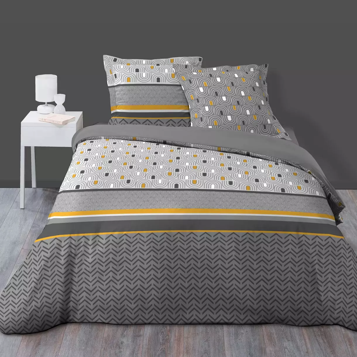 Housse de couette et deux taies coton (240 cm) Pop chic Grise 1