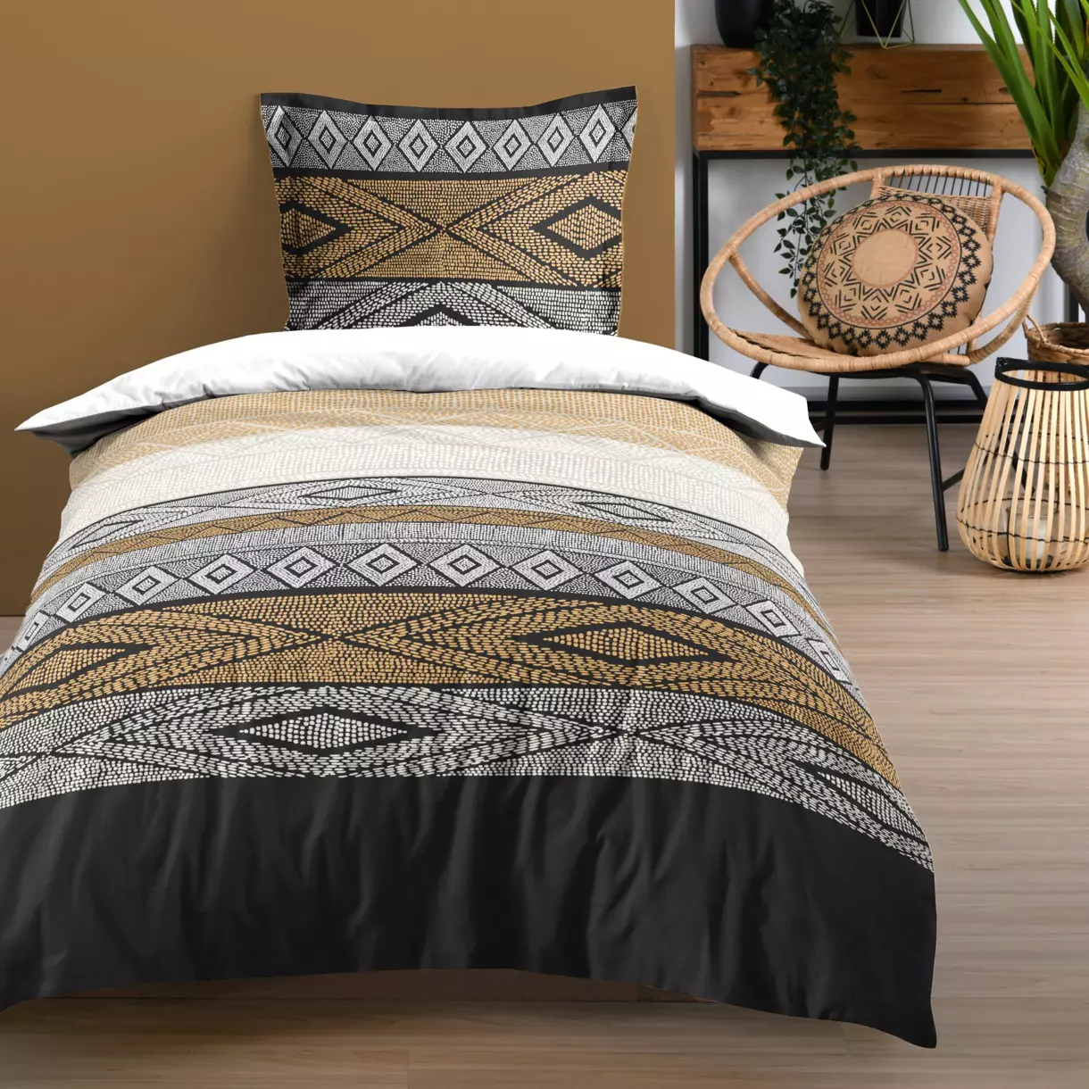 Housse de couette et une taie coton (140 cm) Ethnograf Noire 1