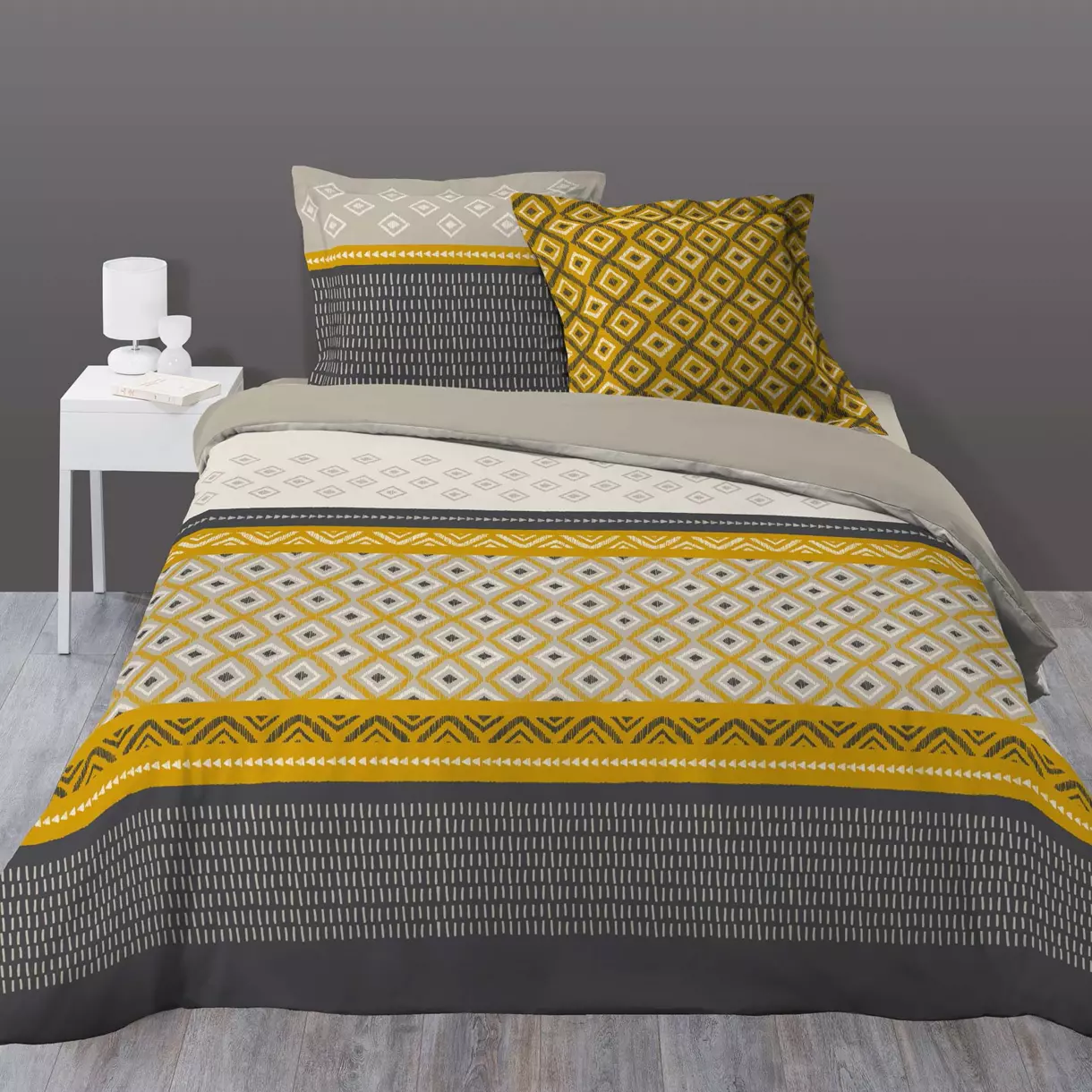 Housse de couette et deux taies coton (240 cm) Isigeo Jaune 1