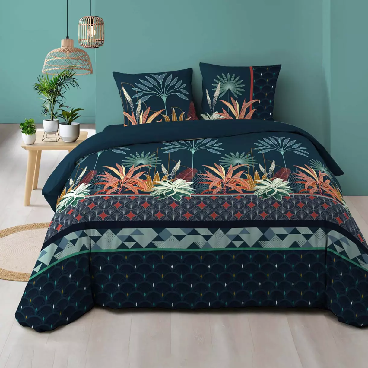 Funda Nórdica y dos fundas en algodón (240 cm) Floriana Azul 1