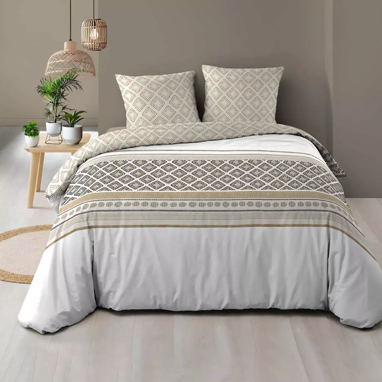 Housse de couette et deux taies coton (260 cm) Sybille Beige 1