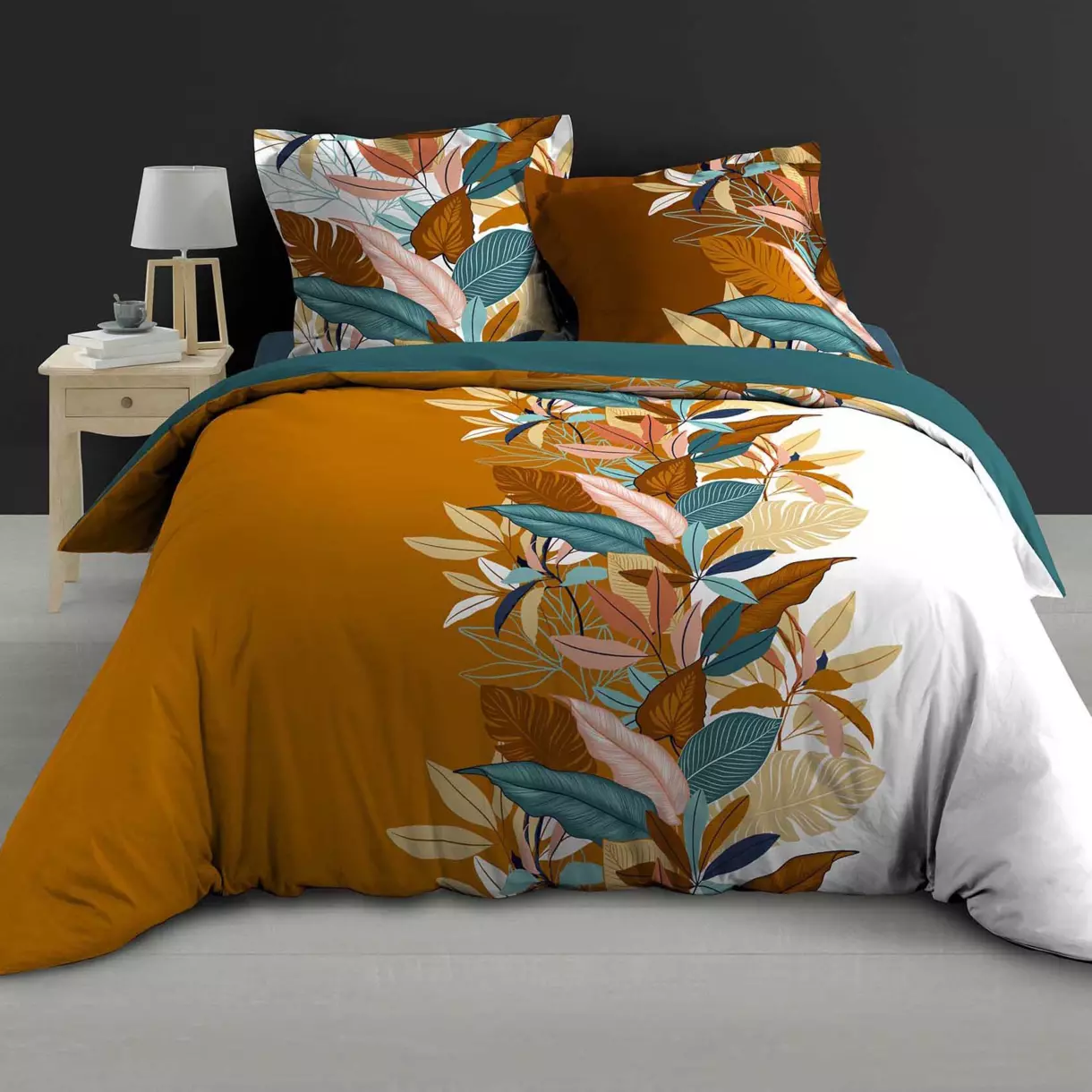 Housse de couette et deux taies percale de coton (240 cm) Yucca Orange 1