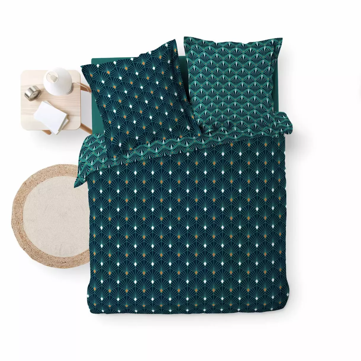 Funda nórdica y dos fundas para almohadones en algodón (260 cm) Meloe Azul trullo 6
