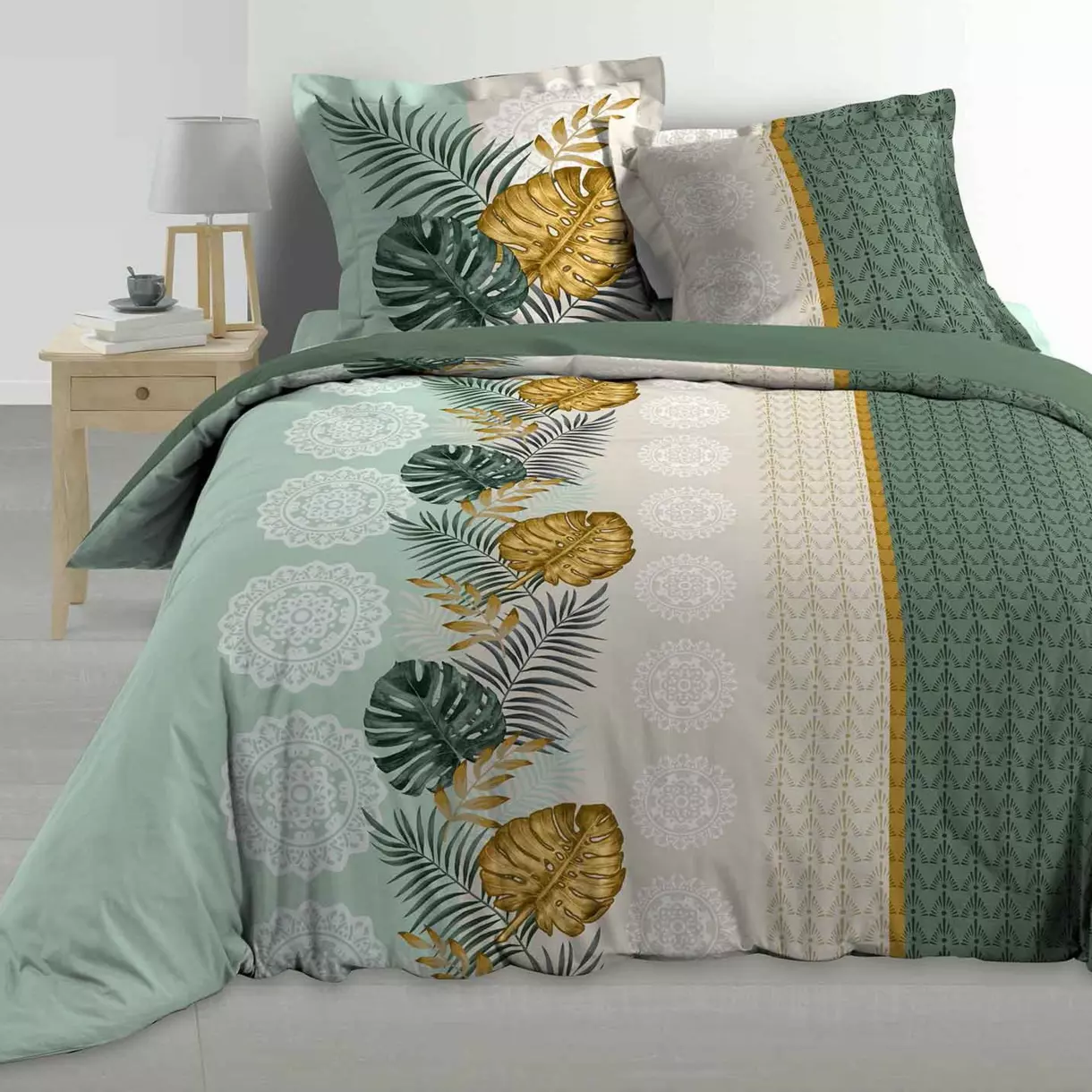 Funda nórdica y dos fundas de almohadones de percal de algodón (260 cm) Cirella Verte 1