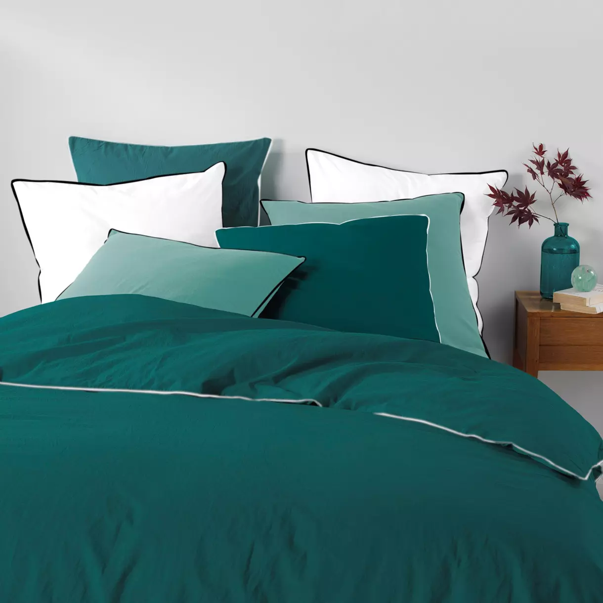 Funda Nórdica y dos fundas para almohadas algodón lavado (260 cm) Linette Azul petróleo 1