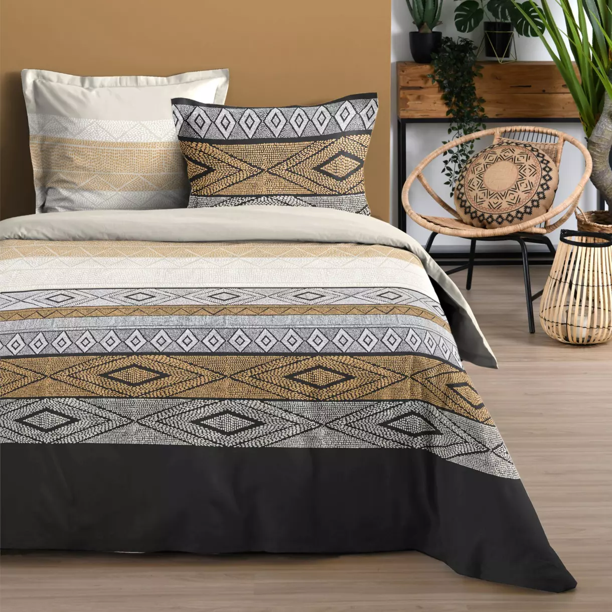 Juego de sábanas algodón cama de 140 cm 4 piezas Ethnograf Negro 1