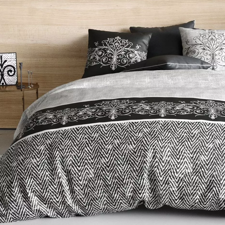 Housse de couette et deux taies coton (240 cm) Tayla Noire 1