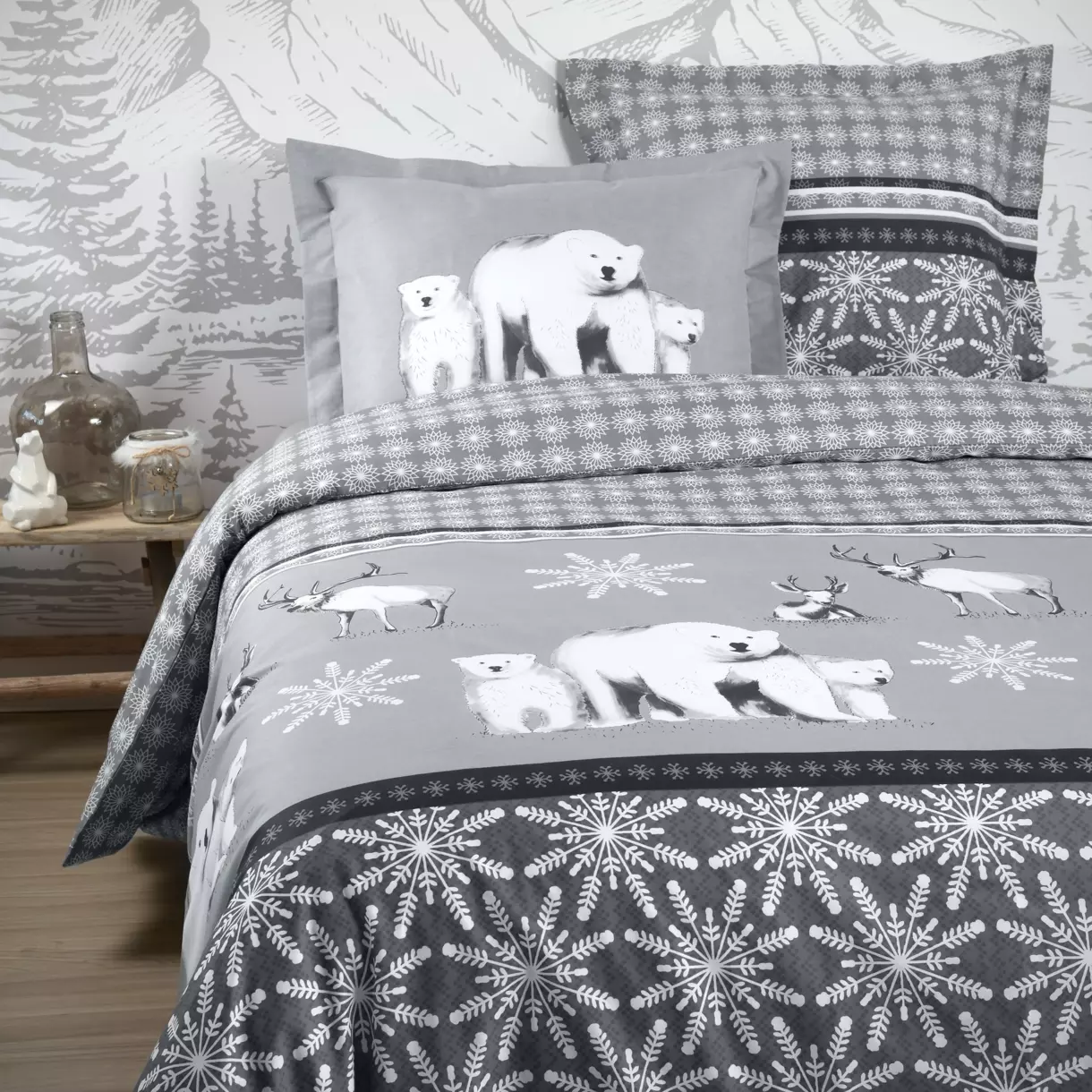 Housse de couette et deux taies coton (240 cm) Aigueblanche Grise 1