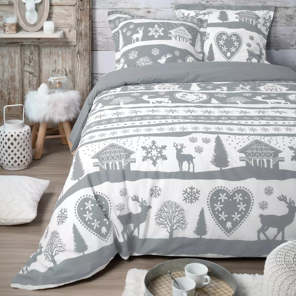 Housse de couette et deux taies coton (260 cm) Valbonnais Grise 1