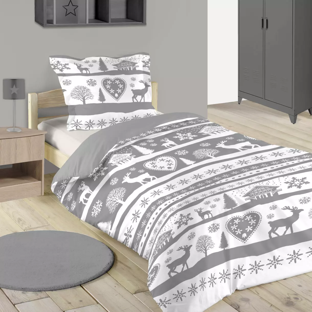 Housse de couette et une taie coton (140 cm) Valbonnais Grise 1