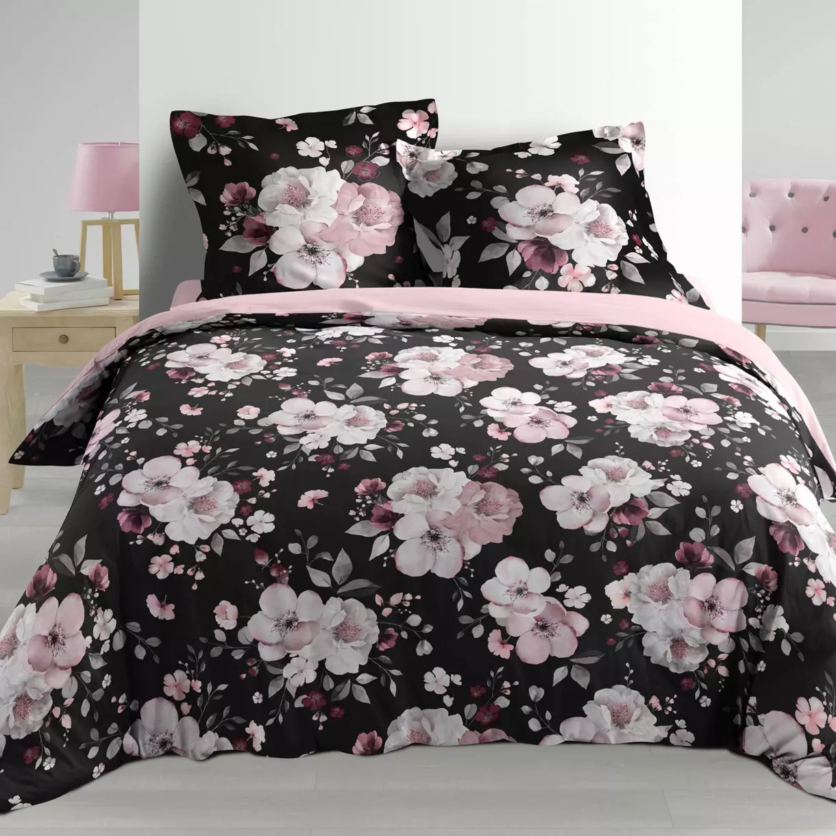 Funda nórdica y dos fundas de almohadón  percal de algodón  (240 cm) Velvet Flower Negro 1