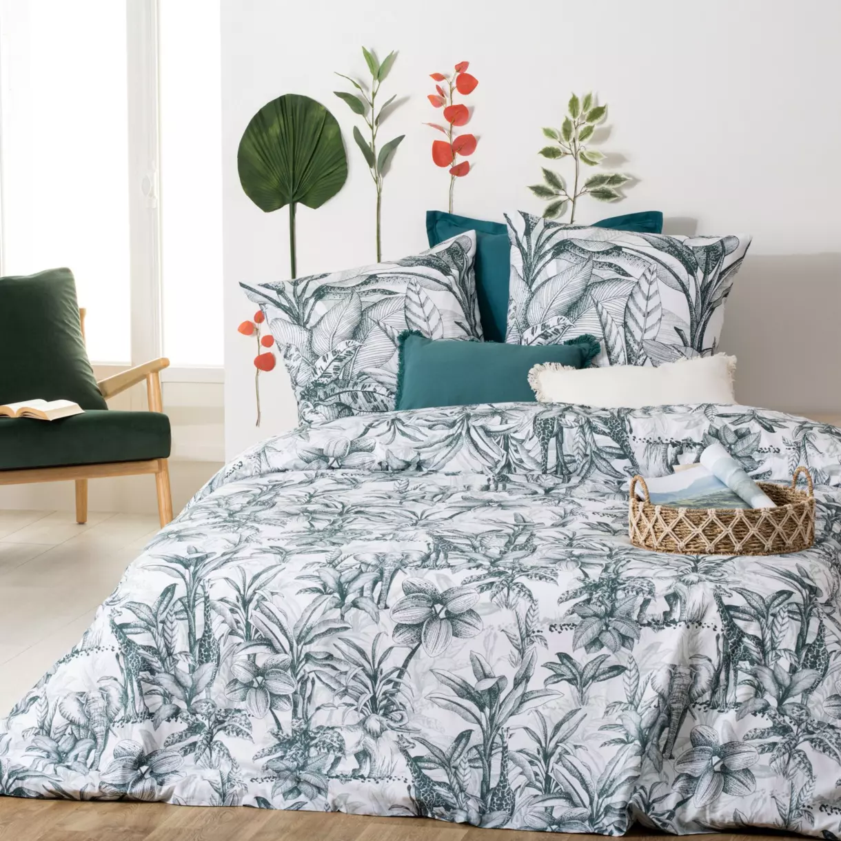 Housse de couette et deux taies coton (240 cm) Tropik Vert cèdre 1