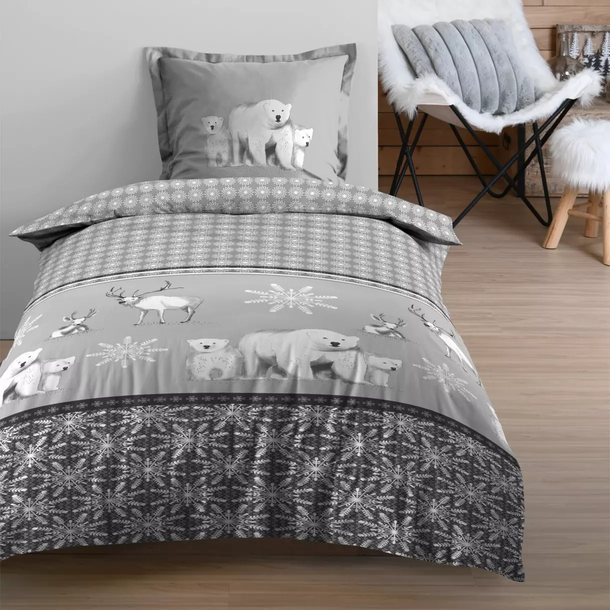 Housse de couette et une taie coton (140 cm) Aigueblanche Grise 1