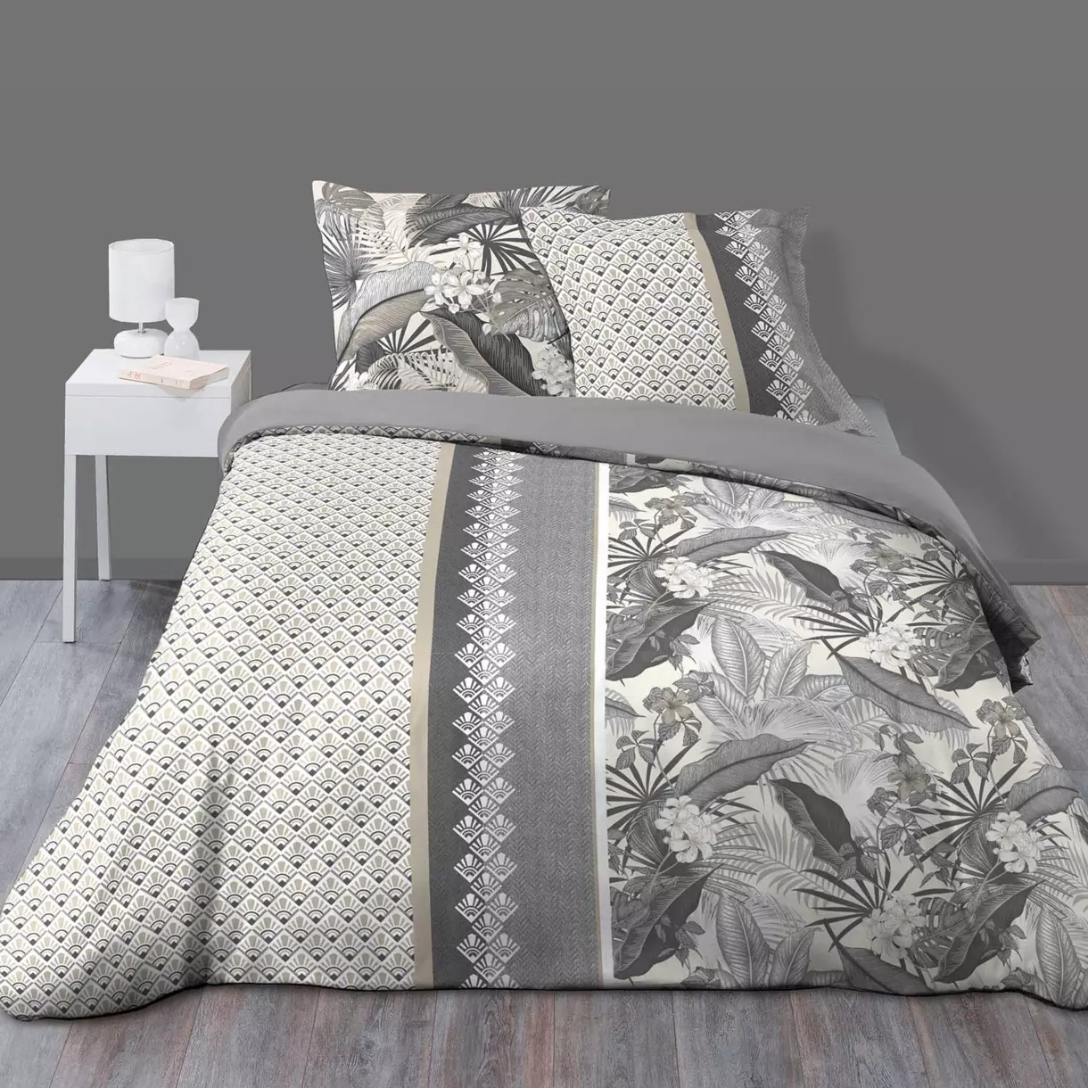 Housse de couette et deux taies coton (240 cm) Cyndelle Grise 1