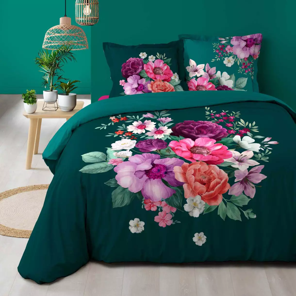 Housse de couette et deux taies coton (240 cm) Indirose Bleue 1
