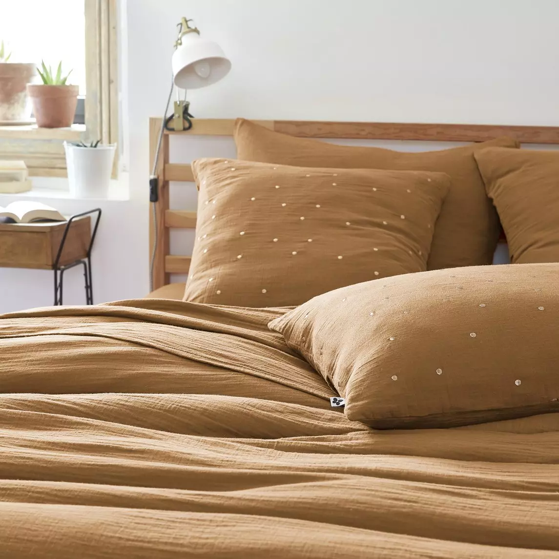 Funda de almohada cuadrada en en gasa de algodón (60 cm) Gaïa Chic Camel 1