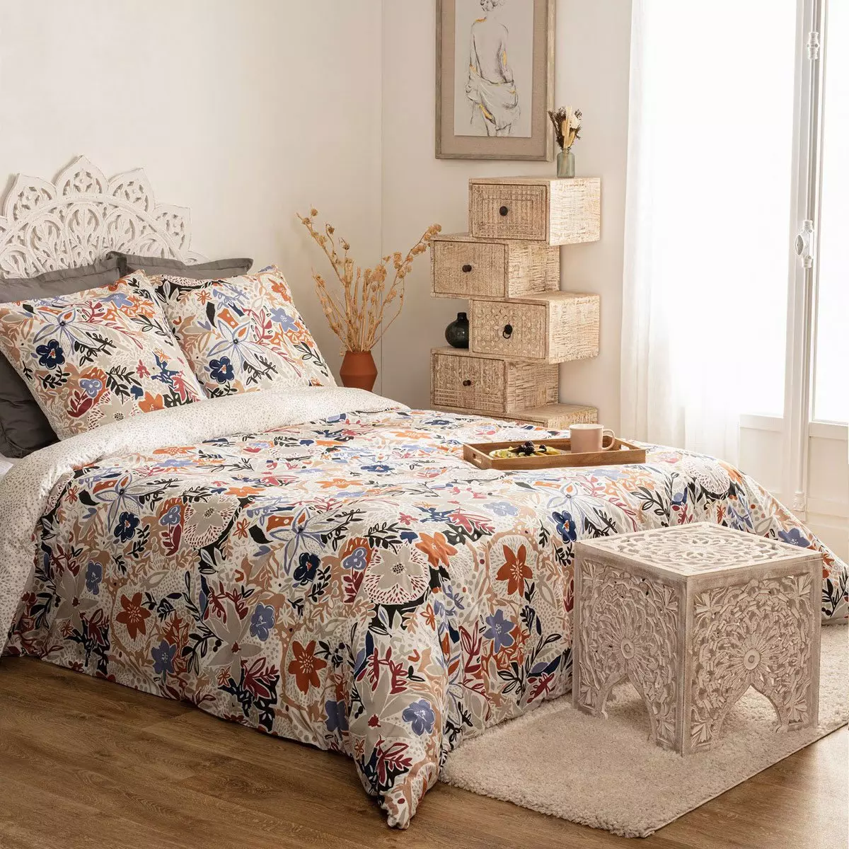 Housse de couette et deux taies percale de coton (260 cm) Alesio Multicolore 1