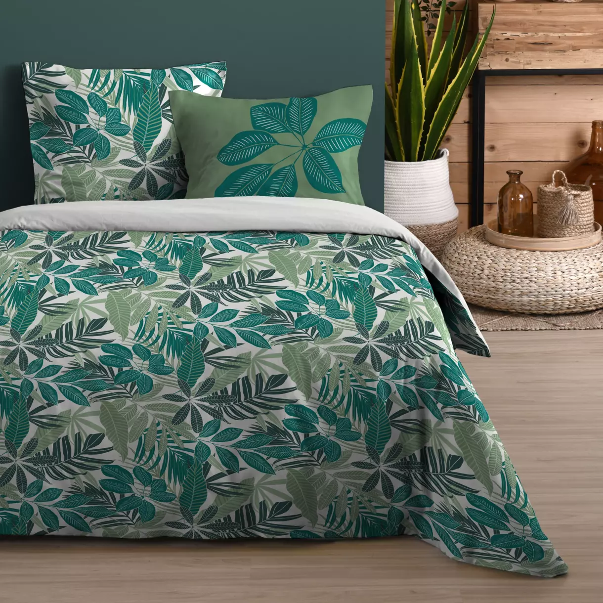 Funda Nórdica y dos fundas para almohada en algodón (260 cm) Satipo Verde esmeralda 1