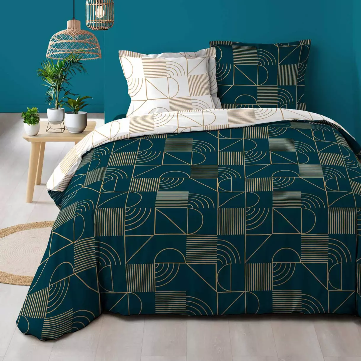 Funda Nórdica y dos fundas para almohadas algodón (260 cm) Lineor Azul marino y dorado 1
