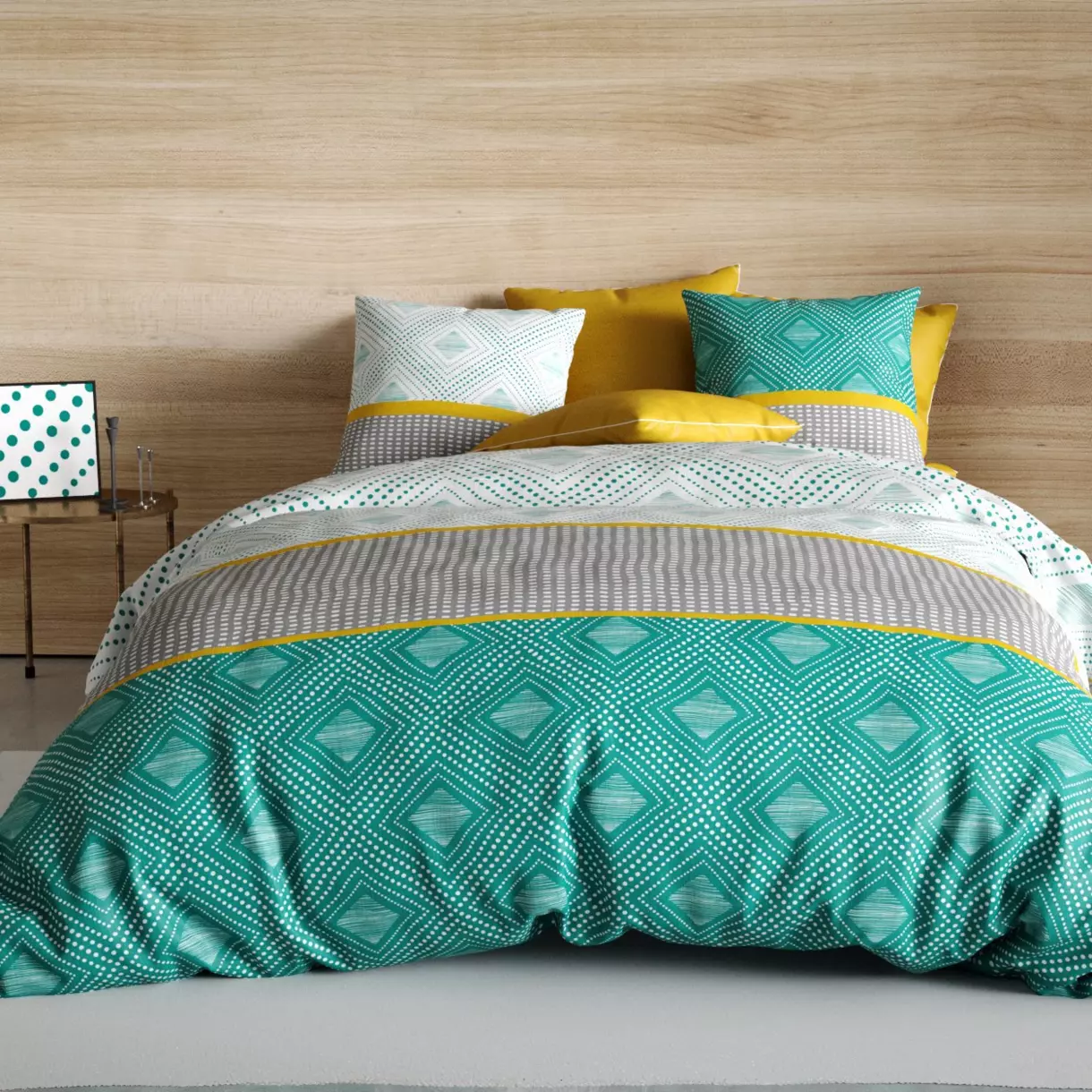 Funda nórdica y dos fundas de almohada en algodón (260 cm) Aurah Verde esmeralda 1