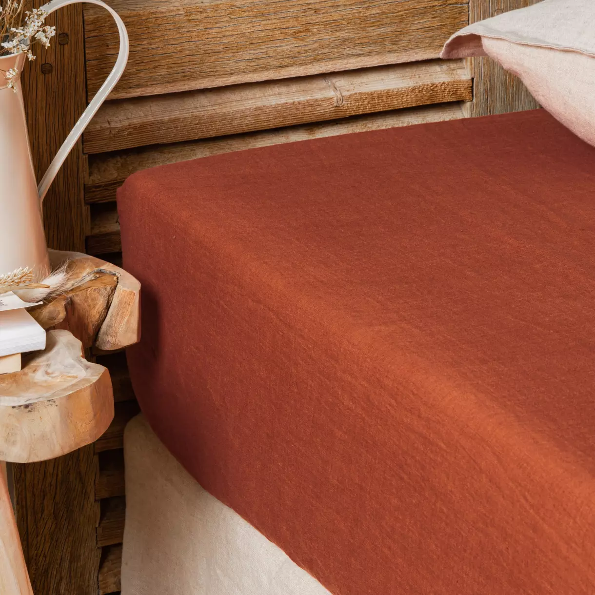 Hoeslaken gewassen linnen (160 cm) Louise Terracotta 1