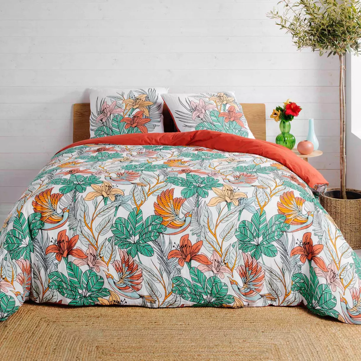 Housse de couette et deux taies gaze de coton (260 cm) Palombe Orange 1