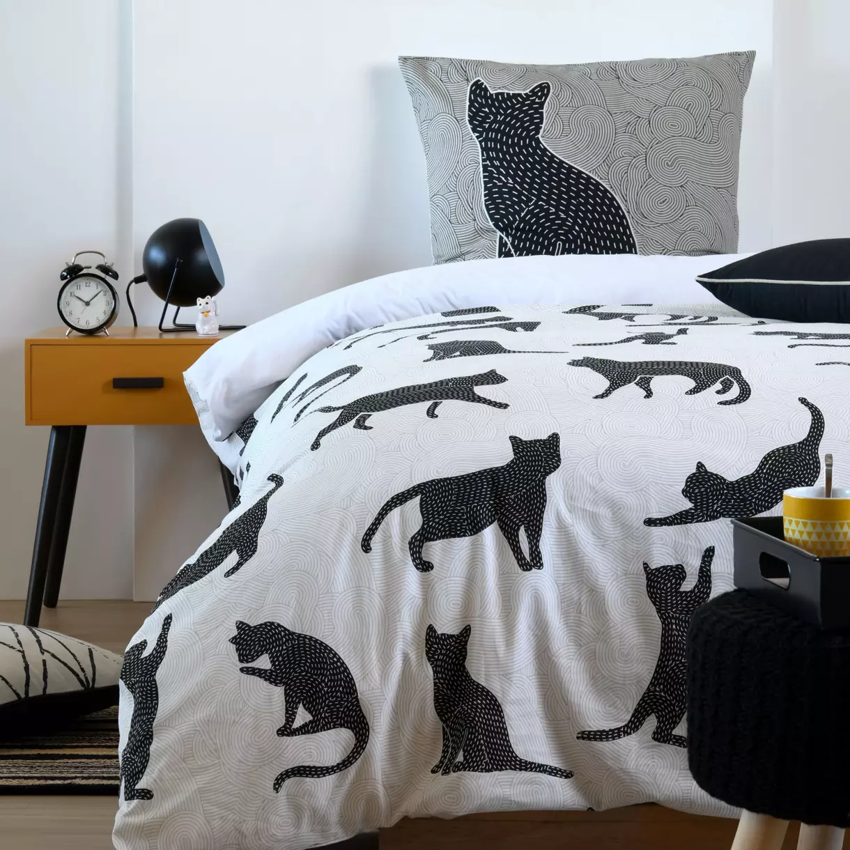 Housse de couette et une taie coton (140 cm) Chaton Noire 1