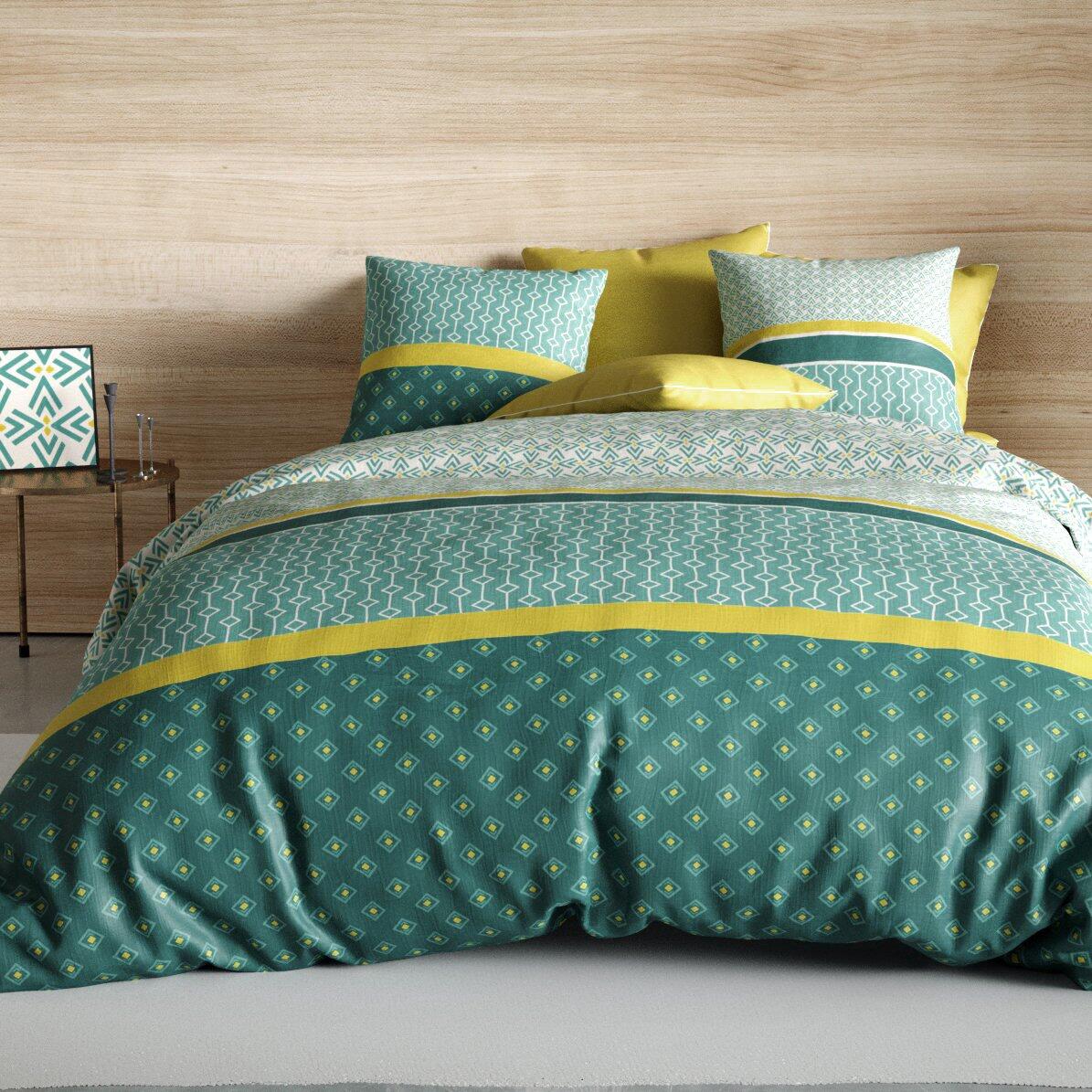 Funda nórdica y dos fundas de almohada en algodón (240 cm) Malphite Verde esmeralda 1