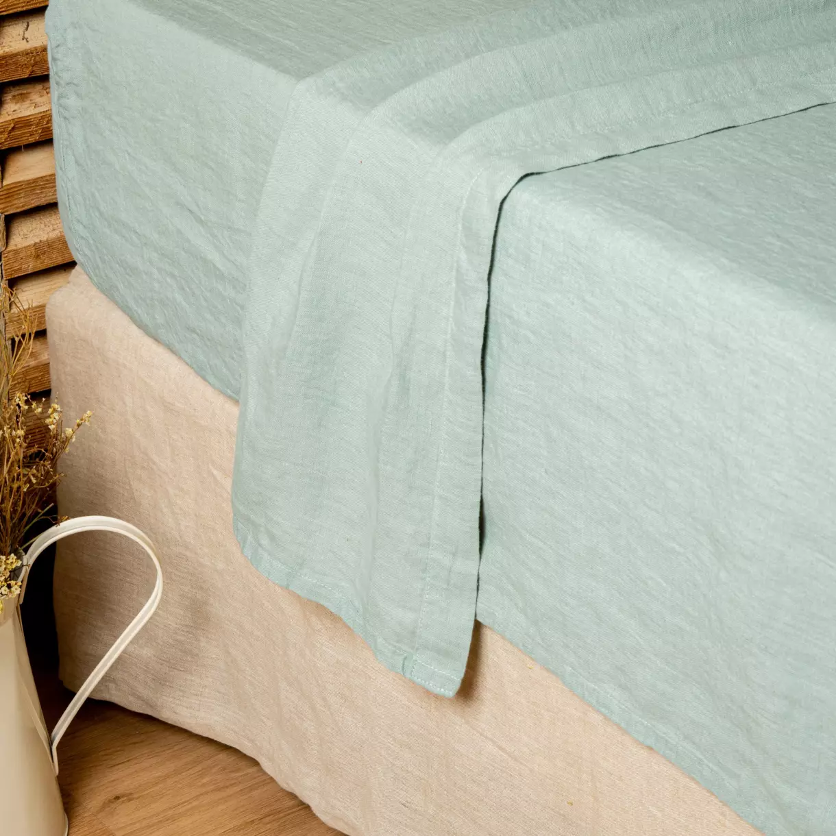 Drap plat lin lavé (270 cm) Louise Vert eucalyptus 1
