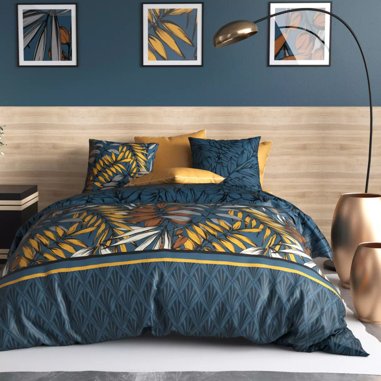 Housse de couette et deux taies coton (200 cm) Salva Bleue 1