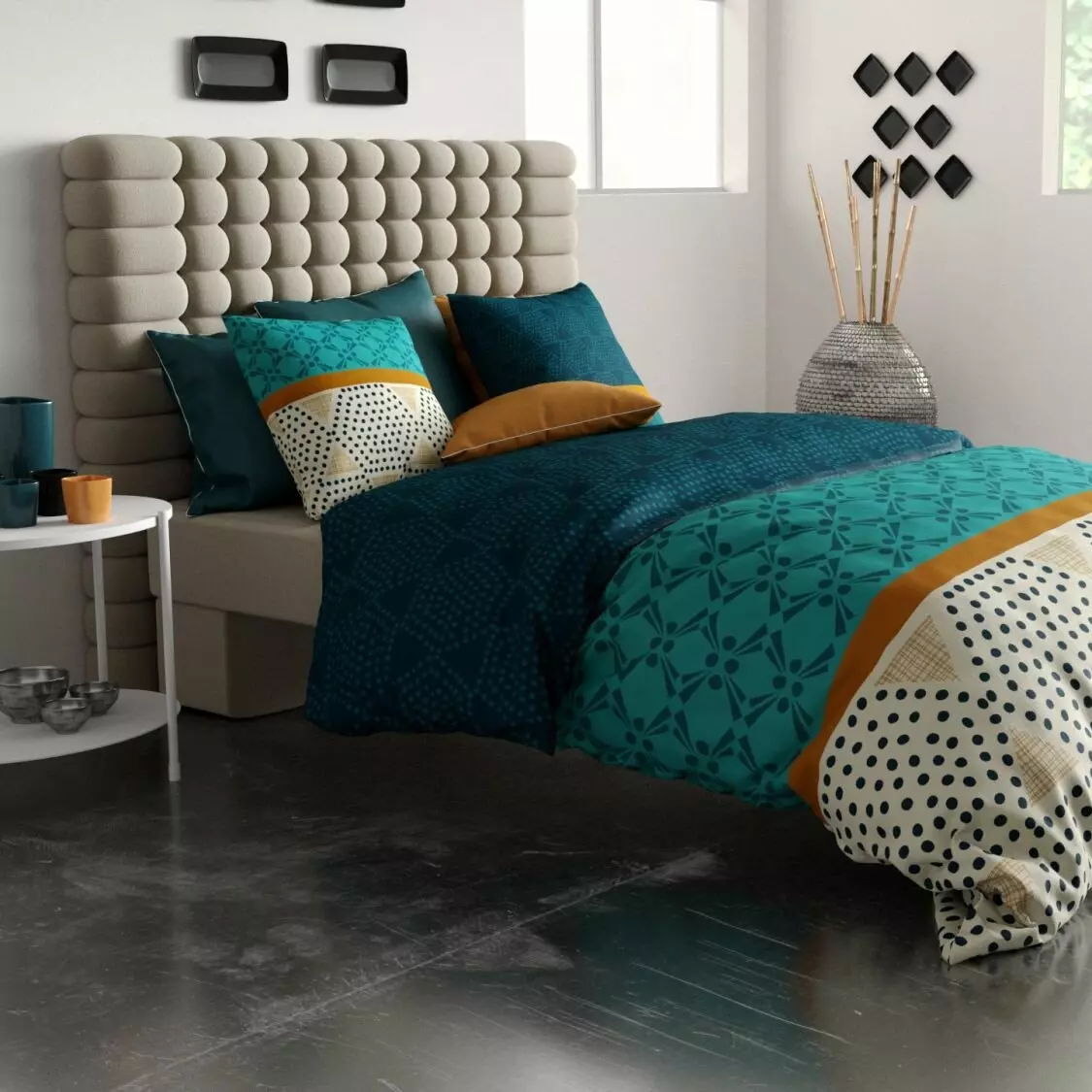 Housse de couette et deux taies coton (240 cm) Oda Bleue 1