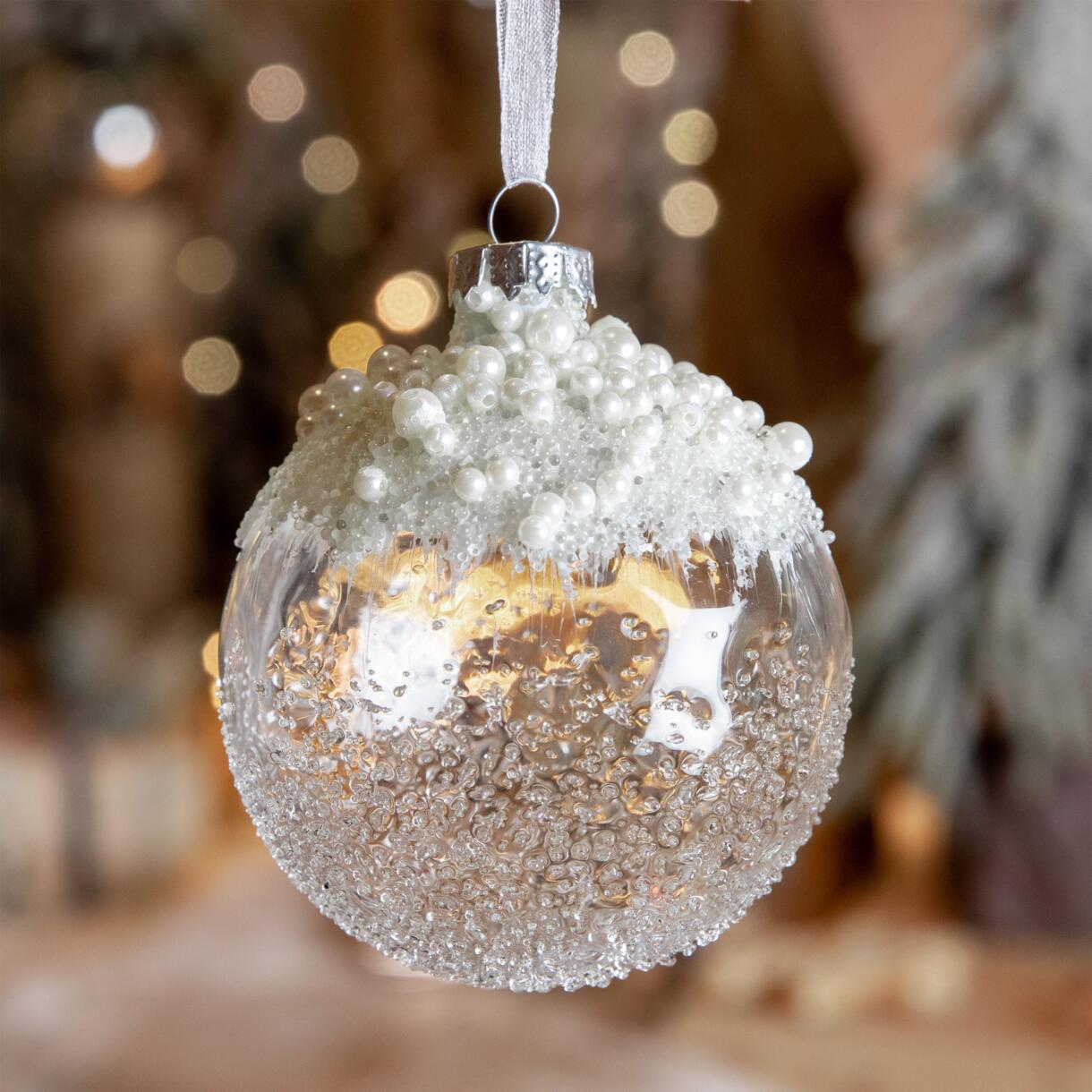 Lotto di 3 palline di Natale di vetro (D80 mm) Puntellata Bianco perlato 1