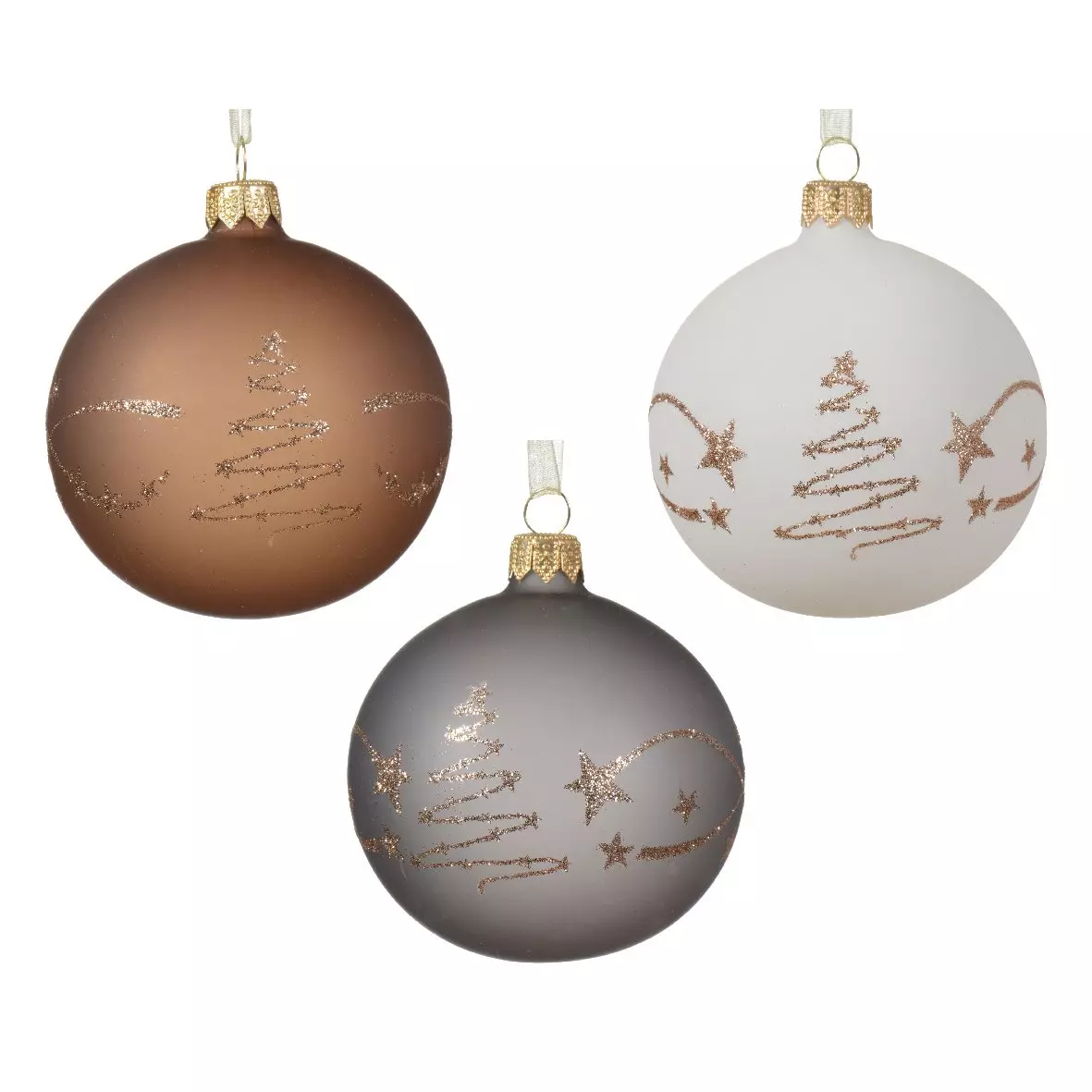 6er Set Weihnachtskugeln (D80 mm) aus Glas Clay Weiß, Marmorgrau und Ingwerbraun  1