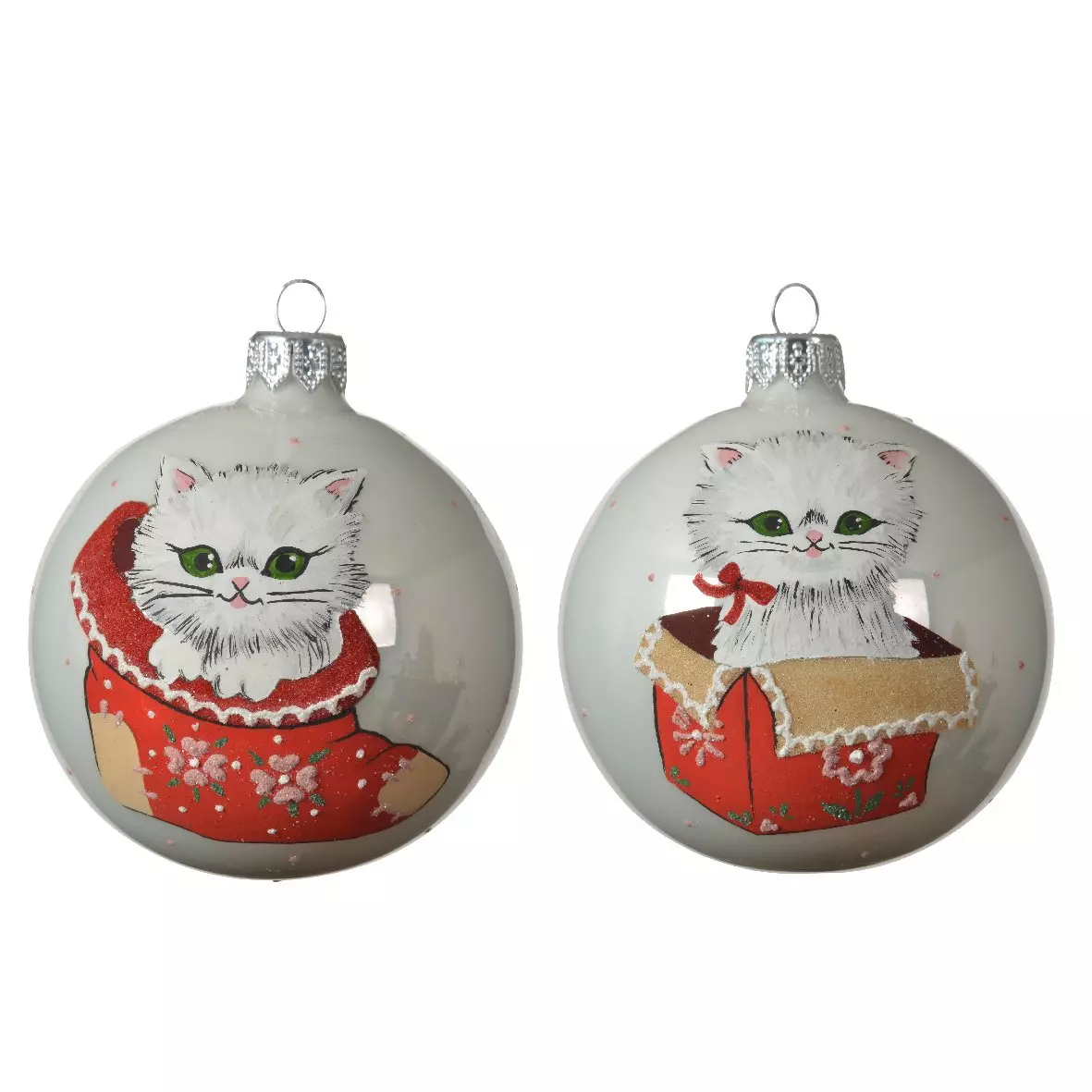 Lote de 6 bolas de Navidad en vidrio (D80 mm) Gato Blanco  1