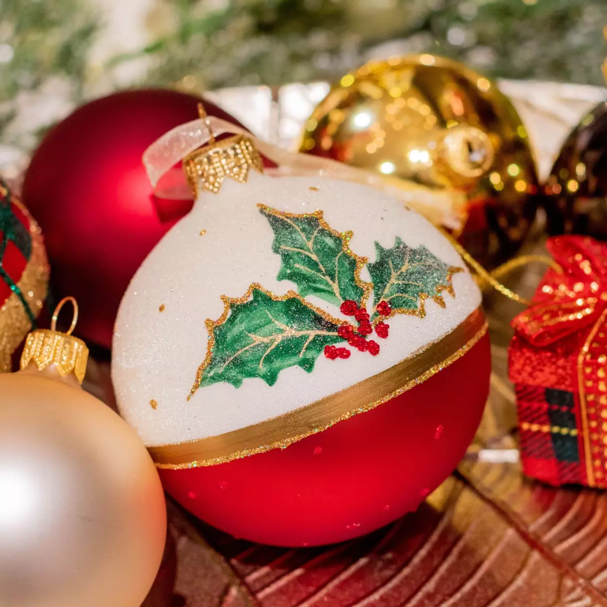Lote de 6 bolas de Navidad en vidrio (D80 mm) Acebo Rojo 1