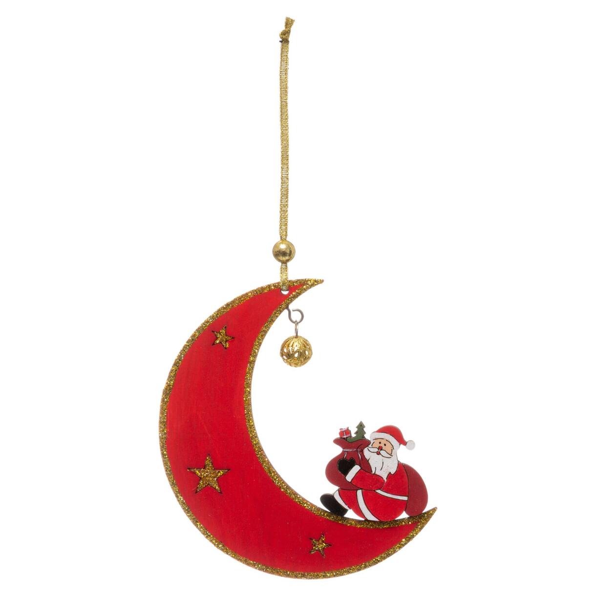 Kerstman en zijn maan van hout om op te hangen Rood 1