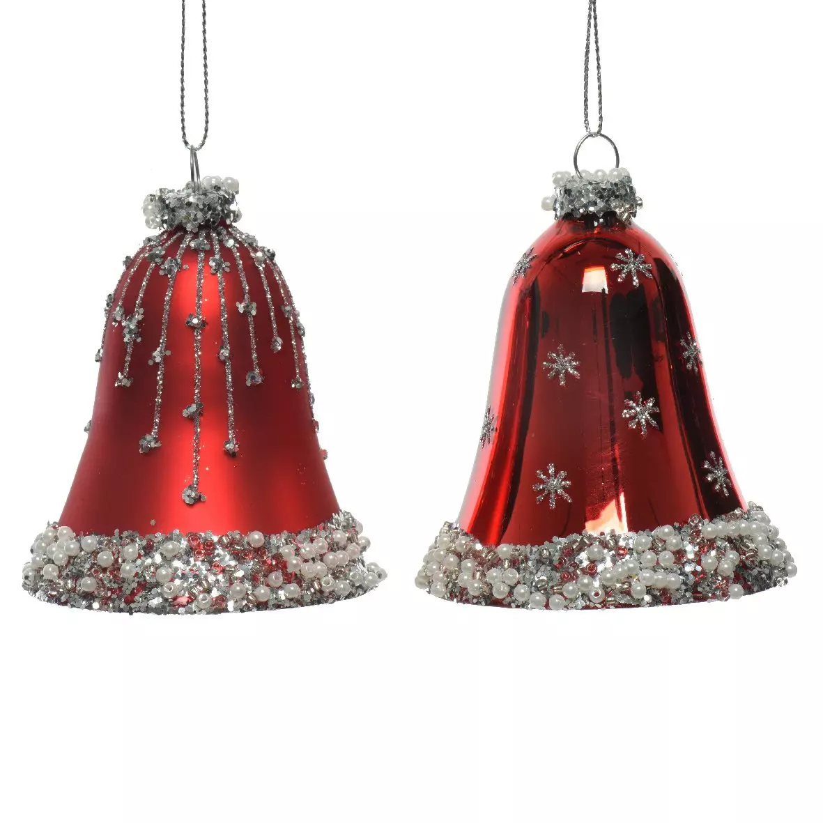 Set van 2 kerstklokjes van glas Kristina, Zilver en Rood 1