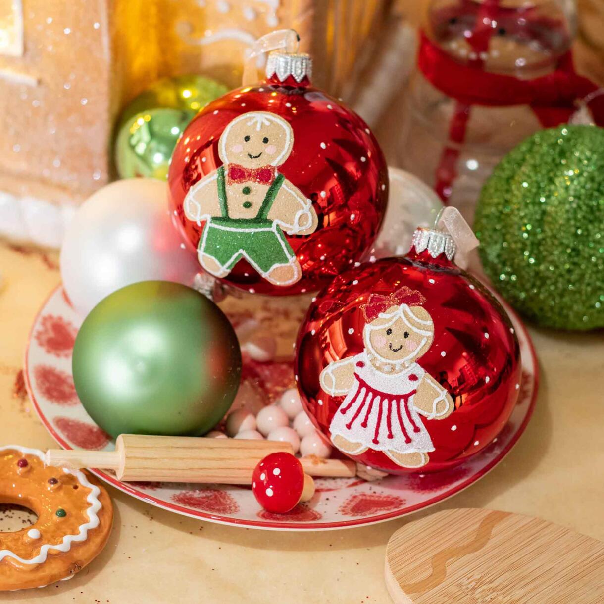 Lote de 6 bolas de Navidad en vidrio (D80 mm) Pequeña galleta Rojo  1