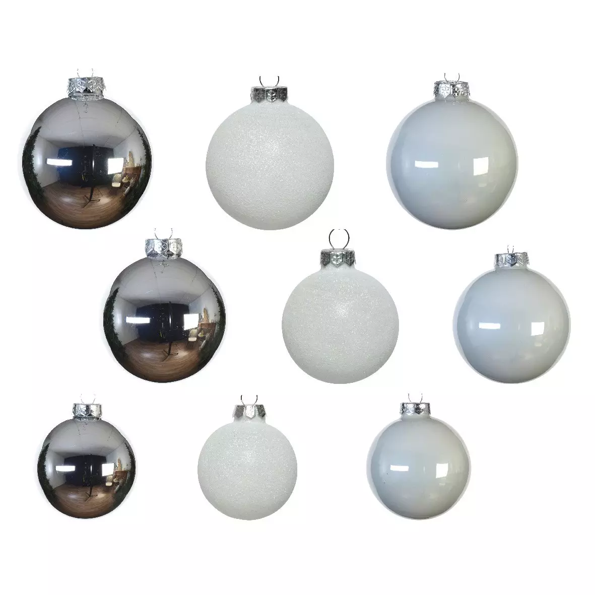 42er set Weihnachtskugeln aus Glas (D70 mm) (D60 mm) (D50 mm) aus Glas Domeona Silber/ Weiß  1