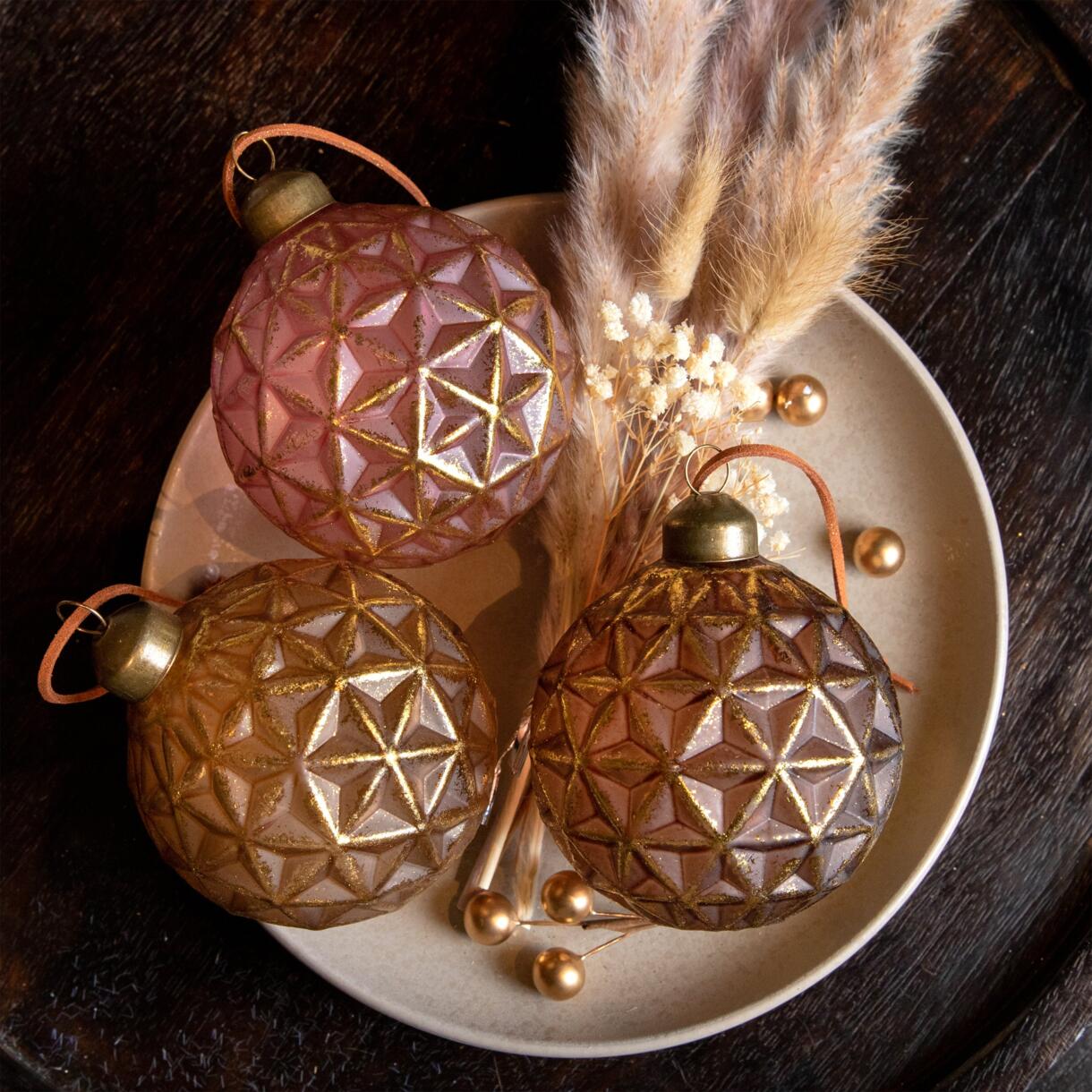 Confezione di 12 palline di Natale (D80 mm) en verre Losange brun café, brun gingembre et  Rosa antico 1