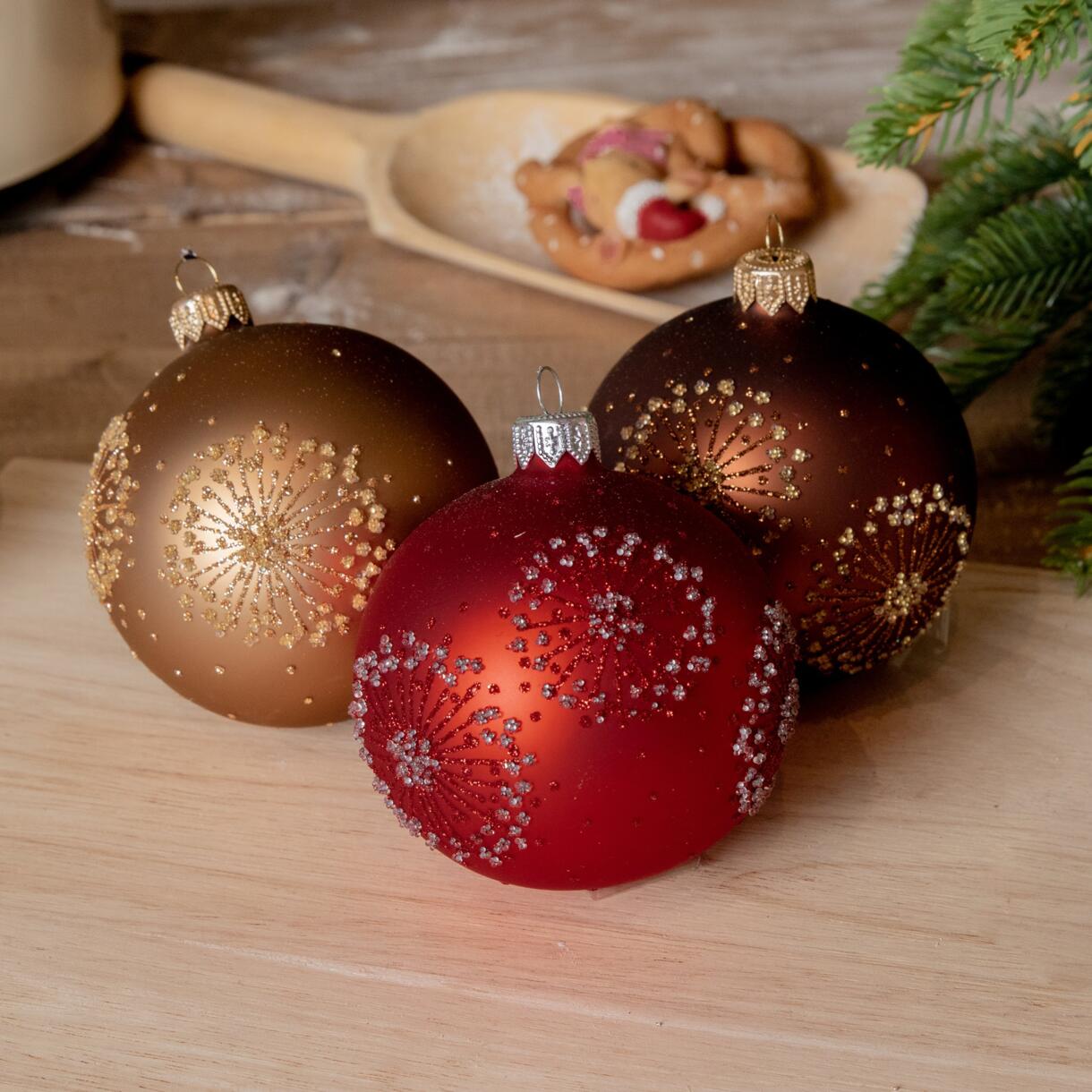 Confezione di 6 palline di Natale (D80 mm) in vetro Eline Rosso, caffè e Ginger 1