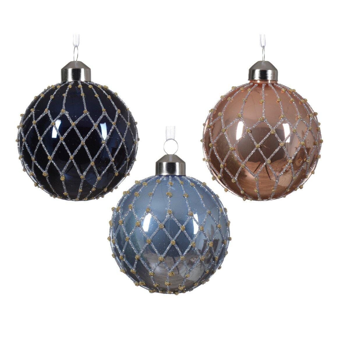 Lote de 12 bolas de Navidad (D80 mm) en vidrio Damier Azul 1